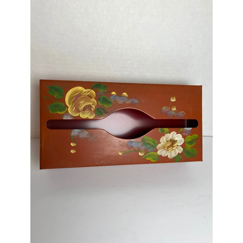 Vintage Metal Tissue Holder Hand Painted Floral Wall Mount Toleware Cottagecore